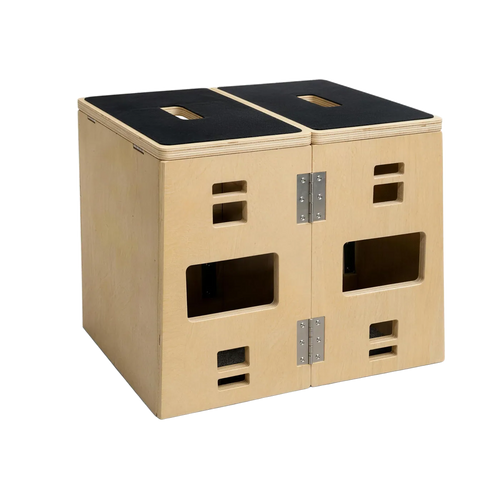PLYOFOLD opvouwbare plyobox volledig uitgeklapt: houten constructie met zwarte grip-top